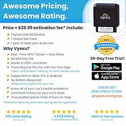 GPS Tracker for Vehicles Vyncs 4G LTE No Monthly Fee Real Time Tracker 1 Yr Data, SIM. USA-Developed Car Truck Tracker OBD Trips Driver Alert OBD2 Data Teens Seniors Family Fleet Alexa. Actvn Fee Reqd